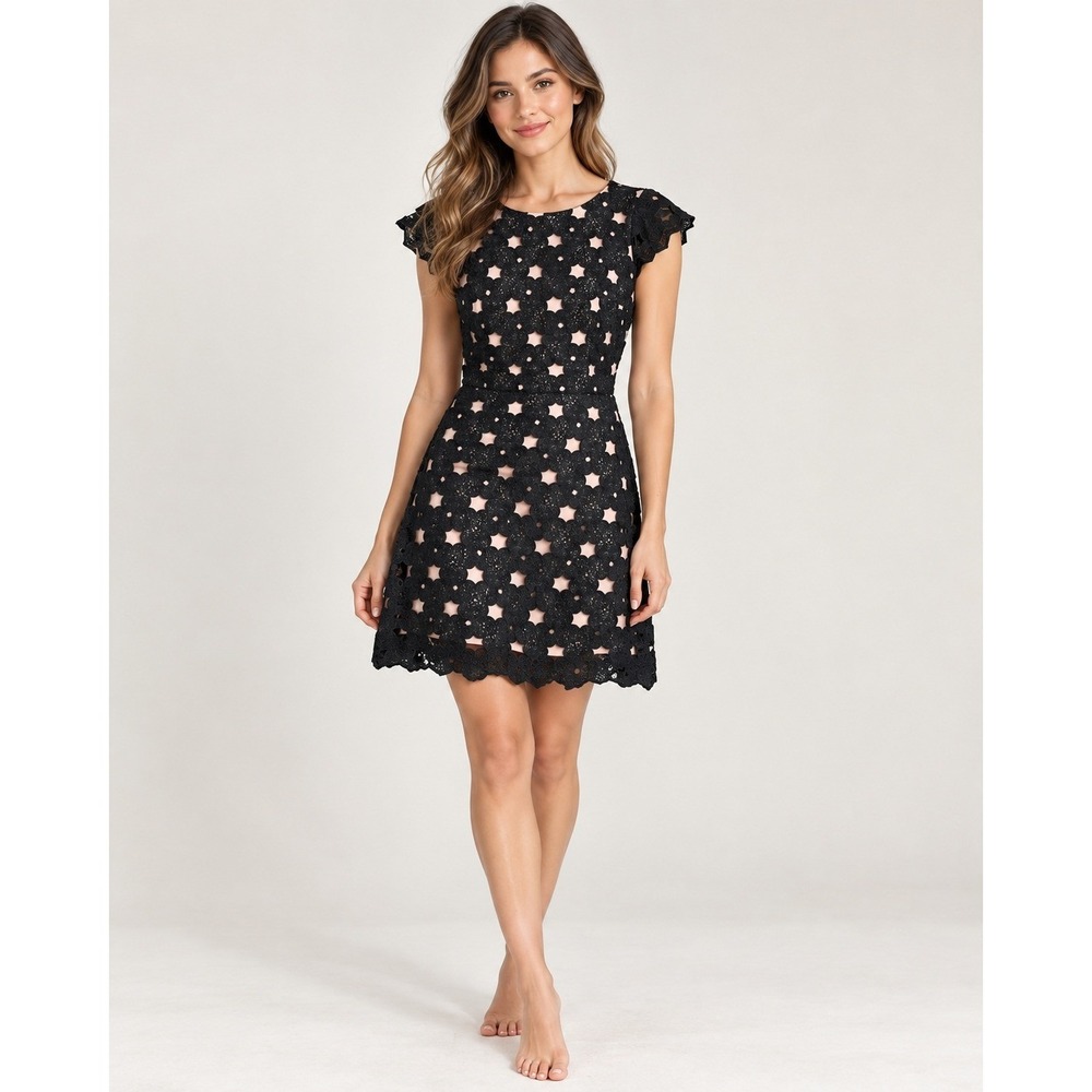 Black Lace Cocktail Dress JAX Size 4 Nude Lined Fit Flare Wedding Guest Formal